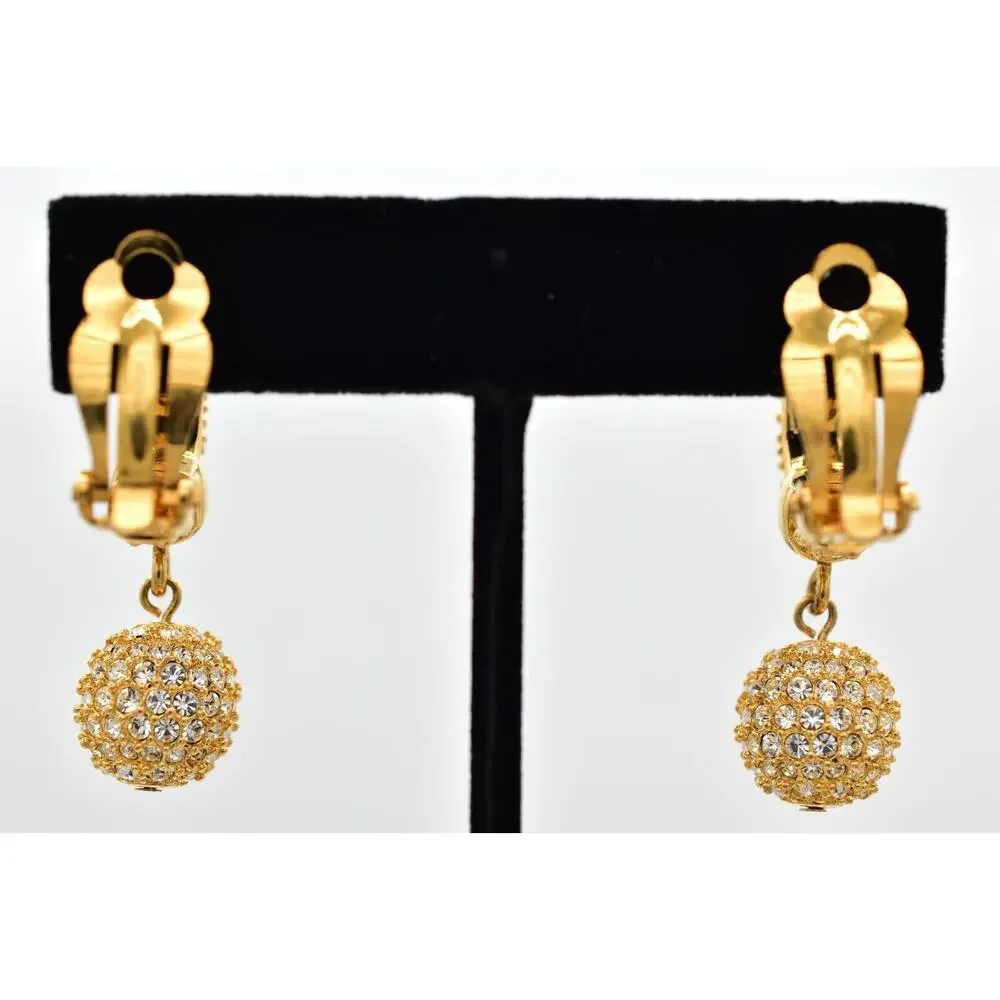 Swaovski Vintage Crystal Clip On Earrings Ball Dangle Gold Swan Signed 80s BinBJ
